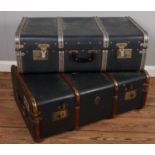 Two vintage travel trunks. Including wooden bound example, etc.