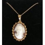 A 9ct gold cameo pendant on 9ct gold chain.