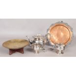 A collection of metalwares, to include EPNS part coffee set, copper tray and oriental brass tray,