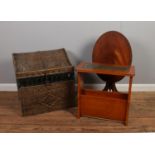 A small mahogany side table, together with magazine table and hinged wicker basket.