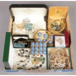 A tray of costume jewellery. Including shell pendants, bangles, buttons, abalone shell necklace,
