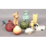 A quantity of miscellaneous. Sylvac, Carltonware, Arthur wood etc Crack to yellow vase. Glass bird