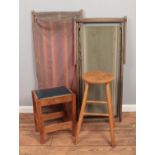 Two stools, including smaller leather top oak example, together with two vintage deckchairs.