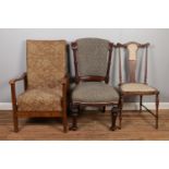 Three assorted chairs. To include a reclining arm chair. Armchair: H:93cm W:56cm D:41cm.