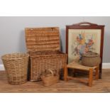 A quantity of miscellaneous. Assorted wicker baskets, Tapestry fire screen, foot stool.