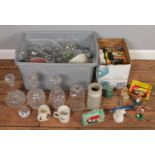 Two boxes of miscellaneous. Including cut glass decanters, diecast vehicles, Denby dinnerwares, etc.