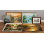 A quantity of framed pictures and prints, mostly of oriental landscapes.