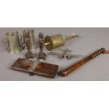 A quantity of collectables. Including brass John Linwood clockwork roasting spit, truncheon (