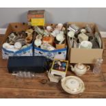 Three boxes of miscellaneous. Including Adderley teawares, cottageware, ship in a bottle, silver