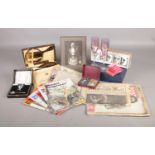 A box of collectables. To include a boxed pair of Bohemia crystal glasses, a Masonic photograph