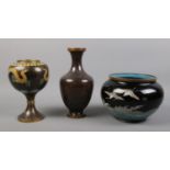 Three Chinese Cloisonné vases and bowl . To include a large bowl decorated with cranes and waves,