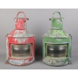 A pair of painted metal ships oil lamps - Port and Starboard. Taken from a fishing trawler. Height