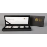 The Royal Mint: 2008 UK Britannia four coin silver proof set; 20p, 50p, £1 and £2 denominations.