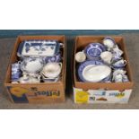 Two boxes of assorted blue and white ceramics, to include examples of Booth's Real Old Willow.