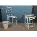 A quantity of miscellaneous. Vintage metal garden chair, two metal/glass side tables, hanging heart,