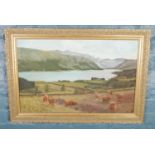 E.Pask, gilt framed oil on canvas. Landscape scene with cattle. (44cm x 69cm)