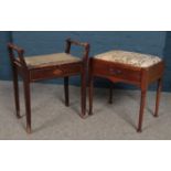 Two antique mahogany piano stools. Drawer damaged on one. Woodworm to legs of the other.