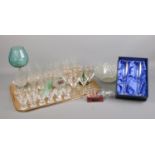 Two trays of assorted glassware. To include a boxed pair of Bohemia Crystal champagne flutes, and