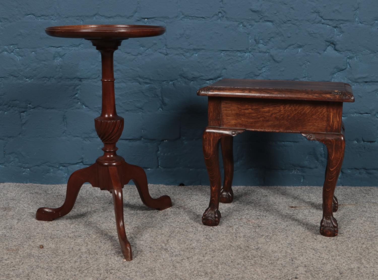 A mahogany tripod wine table. Along with a small oak occasional table. Wine table H:47.5cm W: 26.