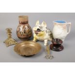 An assortment of miscellaneous. To include a French Sarreguemines vase, a brass dish and