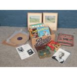 A box of miscellaneous. Includes Lone Ranger books, pair of hunting prints, Penelope Keith and