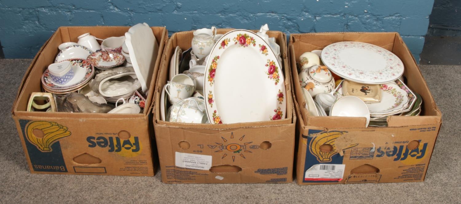 Three boxes of miscellaneous ceramics, to include Spode, Crown Devon and Johnson Bros.