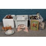 Three boxes of miscellaneous. Nelson pottery figurine's, two Wade Natwest baby pig, Mason's plate