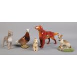 A small collection of ceramic animal figures. To include Beswick Pigeon (1383), Sylvac red setter