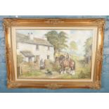 Cyril Dickins, gilt framed oil on canvas depicting farmhouse with horse and figures. (50cm x 75cm)