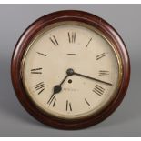 A mahogany cased key wind School type wall clock with painted metal dial, marked Maple London. D: