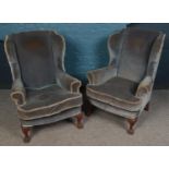 A pair of upholstered wingback armchairs. With carved legs.