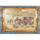 Cyril Dickins, gilt framed oil on canvas depicting blacksmith forge working on horseshoes. (50cm x