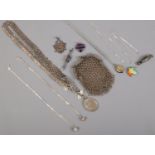 A quantity of mostly silver and white metal jewellery. Including silver fob, white metal mesh purse,