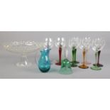 A quantity of glass ware. Vintage drinking glasses with coloured stems & glass cake stand.