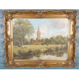 Stephen Park, gilt framed oil on canvas depicting boy playing in a river with sheep and cattle. (