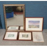 Four prints with large bevelled edge mirror. To include a Kristan Baggaley signed 15/25, Eric