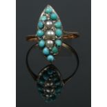 A Victorian turquoise and pearl cluster ring. With silver setting and gold shank. Size L. 1.63g.
