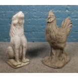 Two concreate garden ornaments in the form of a Rabbit & Cockerel. H: 47cm.
