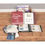 A box of stamps and first day covers, together with a Stanley Gibbons stamp album. To include