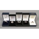 Five silver dress rings, including Blue John and multi gem examples. Total weight: 20.78g Various