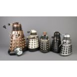 Five large Dr Who battery and remote control Daleks. Largest: H: 48cm. Untested.