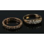 Two 9ct gold rings with paste stones. Comprising of a eternity and half eternity. Sizes M & O. Total