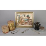 A small quantity of collectables, to include framed papyrus scene, bronzed urn and crystal glass.