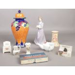 A small quantity of miscellaneous. To include Lasol Ware lidded vase, Nao figurine, crested ware etc
