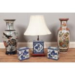 A small quantity of miscellaneous. To include two oriental style ceramic vases, table lamp & shade