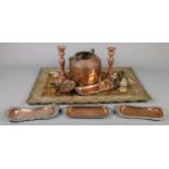 A brass tray of metalwares. Including silver candlestick, scales, erotic plaque, etc.