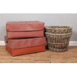 Two vintage trunk style boxes (62cm x 47cm) & two wicker baskets.