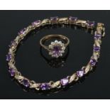 A sterling silver and amethyst coloured stone bracelet along with a 9ct gold moissanite and amethyst