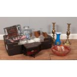 A box of miscellaneous. A pair of brass candlesticks, Murano style vase, carnival glass bowl etc