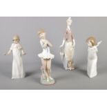 Four Lladro/Nao figurines. Candlestick broken off, wing broken off, head glued to ballerina, arm